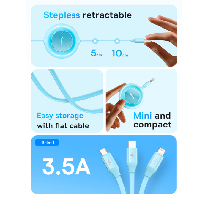 Кабель BASEUS Bright Mirror 2 Retractable 3-in-1 Fast Charging Data Cable USB to M+L+C 3.5A 1.1м Green (CAMJ010006)