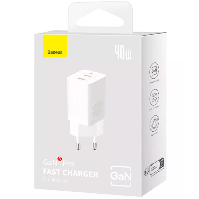 Зарядний пристрій BASEUS GaN5 Pro Fast Charger C+C 40W White (CCGP180102)