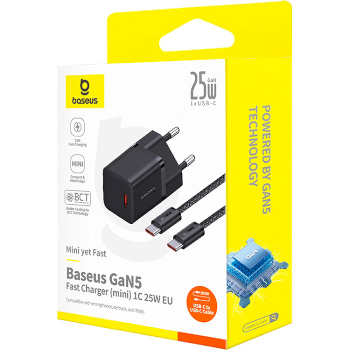 Зарядний пристрій BASEUS GaN5 Fast Charger Mini 1C 25W Cluster Black w/Type-C to Type-C cable (P10110909113-01)