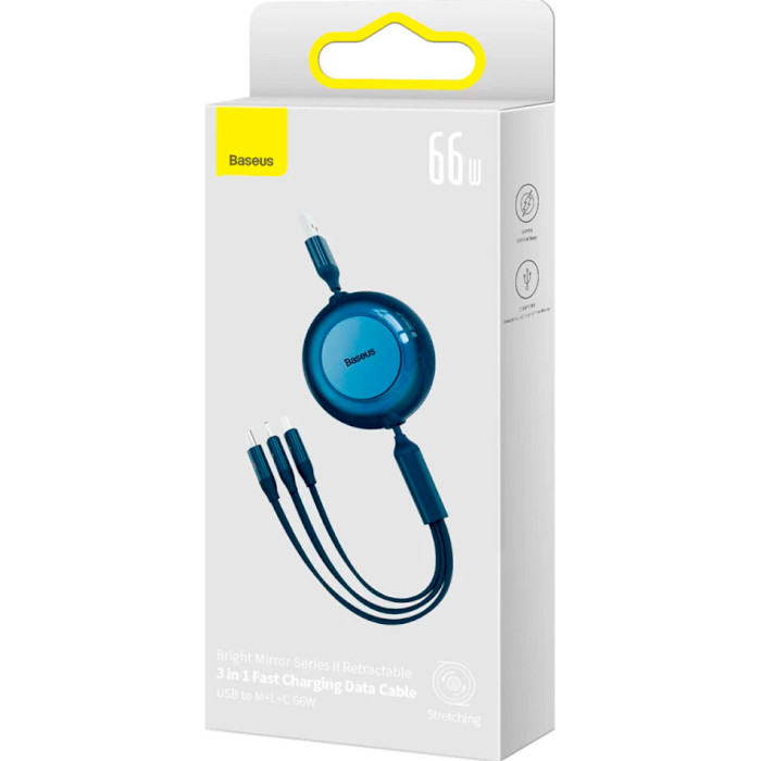 Кабель BASEUS Bright Mirror 2 Retractable 3-in-1 Fast Charging Data Cable USB to M+L+C 66W 1.1м Blue (CAMJ010103)