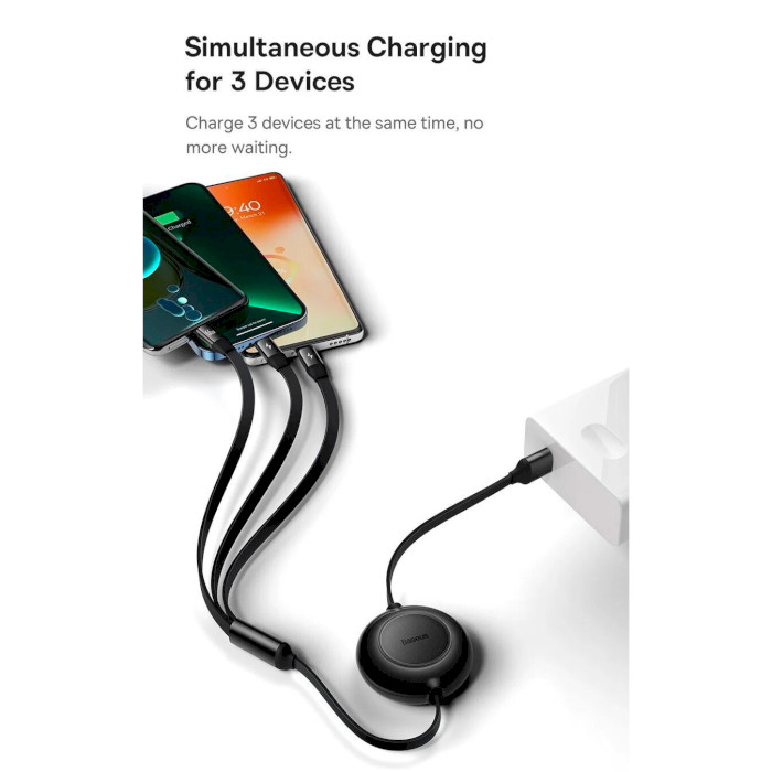 Кабель BASEUS Bright Mirror 2 Retractable 3-in-1 Fast Charging Data Cable USB to M+L+C 66W 1.1м Blue (CAMJ010103)