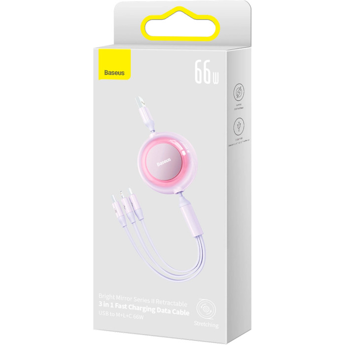 Кабель BASEUS Bright Mirror 2 Retractable 3-in-1 Fast Charging Data Cable USB to M+L+C 66W 1.1м Purple (CAMJ010105)