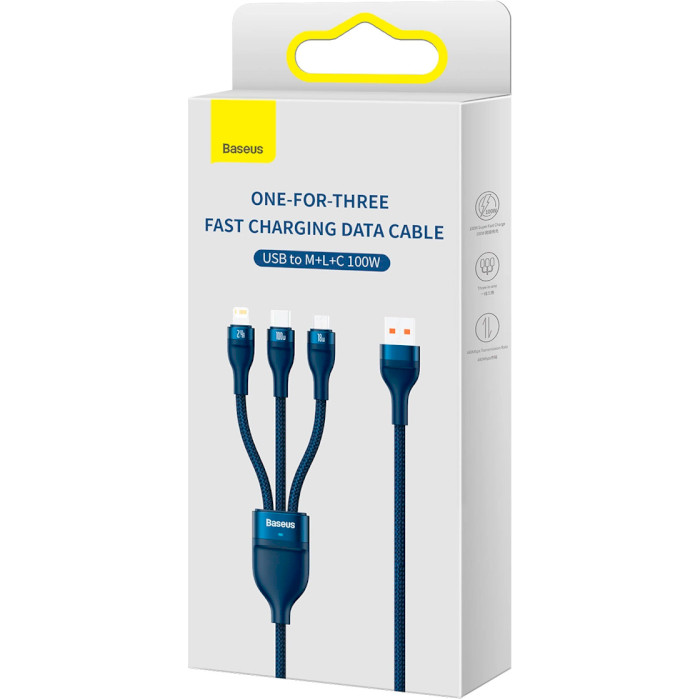 Кабель BASEUS Flash Series II 3-in-1 Fast Charging Data Cable USB to M+L+C 100W 1.2м Blue (CASS030003)