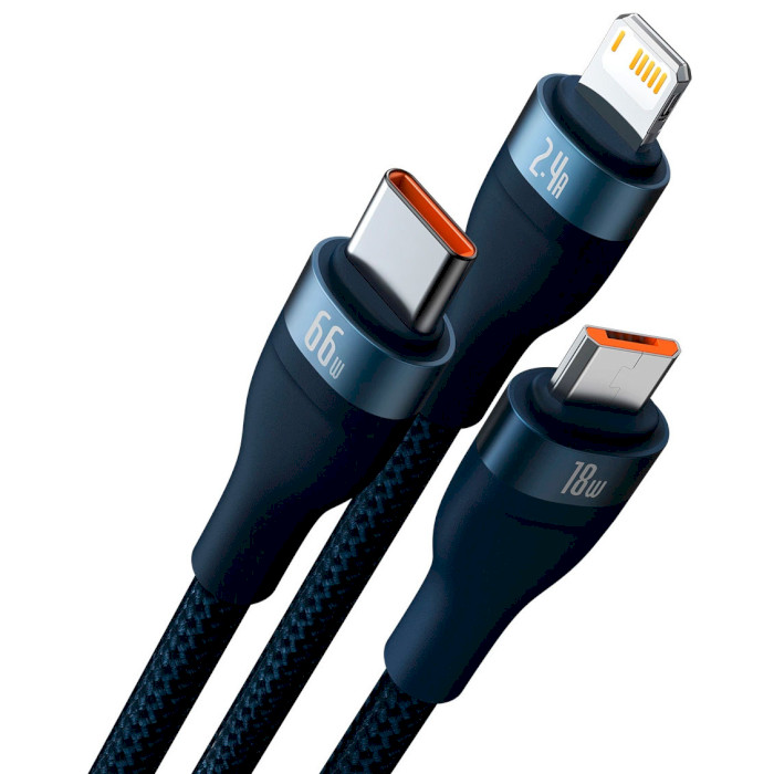 Кабель BASEUS Flash Series II 3-in-1 Fast Charging Data Cable USB to M+L+C 66W 1.2м Blue (CASS040003)