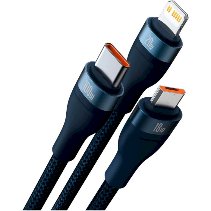 Кабель BASEUS Flash Series II 3-in-2 Fast Charging Data Cable U+C to M+L+C 100W 1.2м Blue (CASS030103)