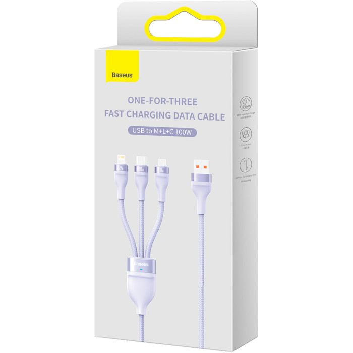 Кабель BASEUS Flash Series II 3-in-1 Fast Charging Data Cable USB to M+L+C 100W 1.2м Purple (CASS030005)