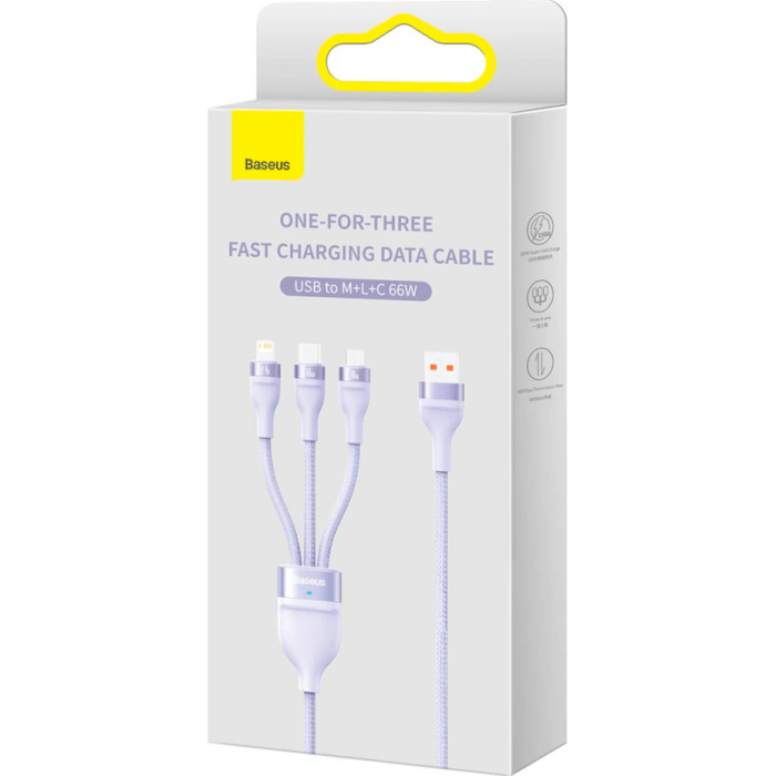 Кабель BASEUS Flash Series II 3-in-1 Fast Charging Data Cable USB to M+L+C 66W 1.2м Purple (CASS040005)