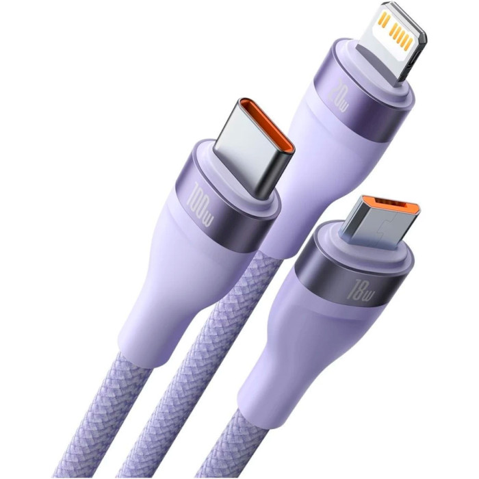 Кабель BASEUS Flash Series II 3-in-2 Fast Charging Data Cable U+C to M+L+C 100W 1.2м Purple (CASS030105)