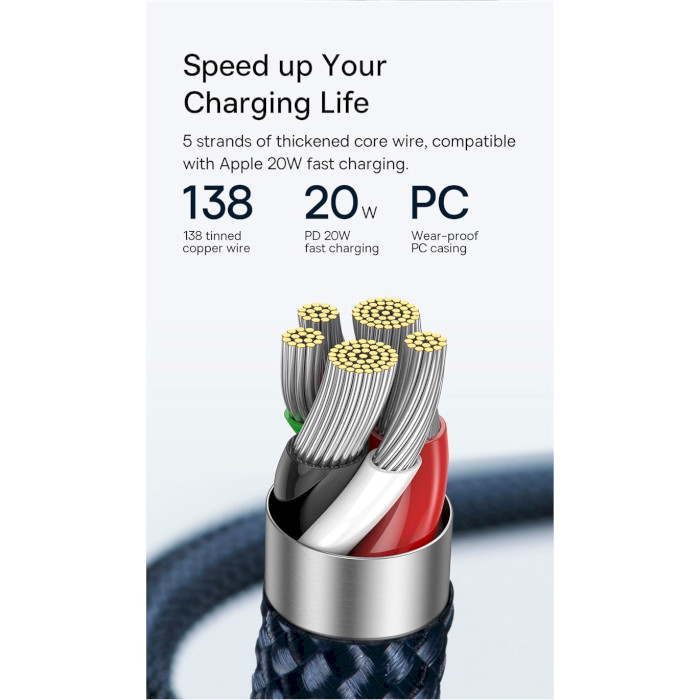 Кабель BASEUS Explorer Series Auto Power-Off Fast Charging Data Cable Type-C to IP 20W 2м Blue (CATS000103)