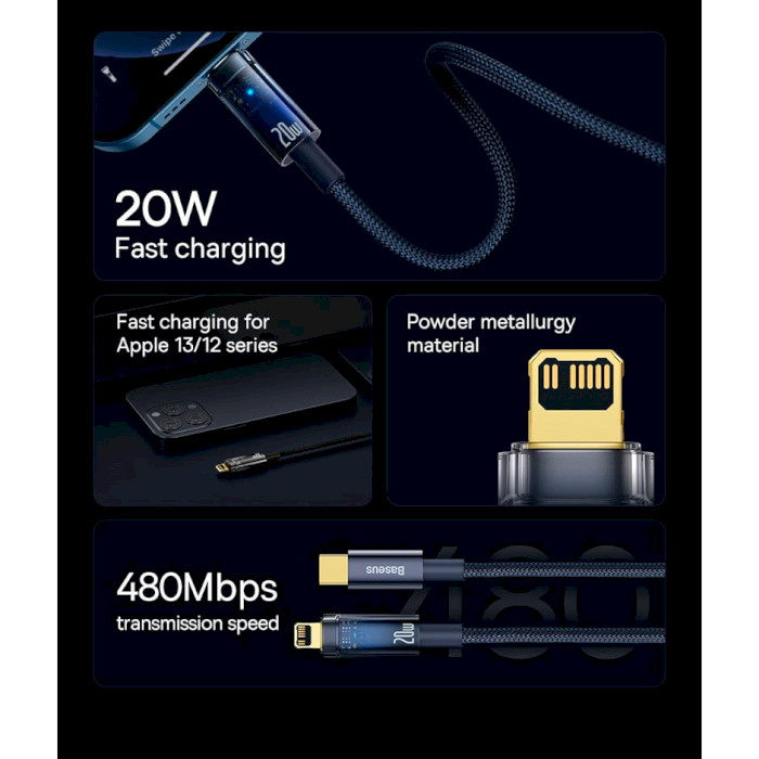 Кабель BASEUS Explorer Series Auto Power-Off Fast Charging Data Cable Type-C to IP 20W 2м Blue (CATS000103)