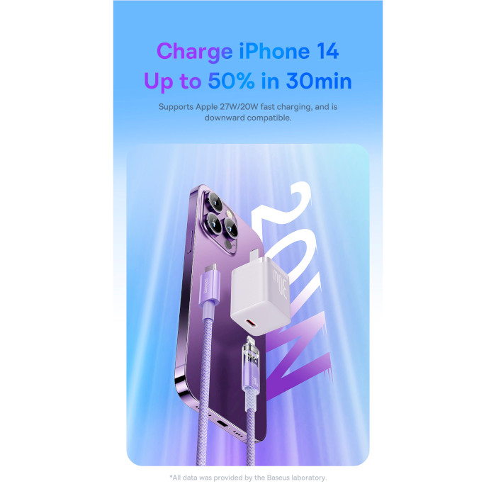 Кабель BASEUS Explorer Series Fast Charging Cable with Smart Temperature Control Type-C to iP 20W 1м Purple (CATS010205)