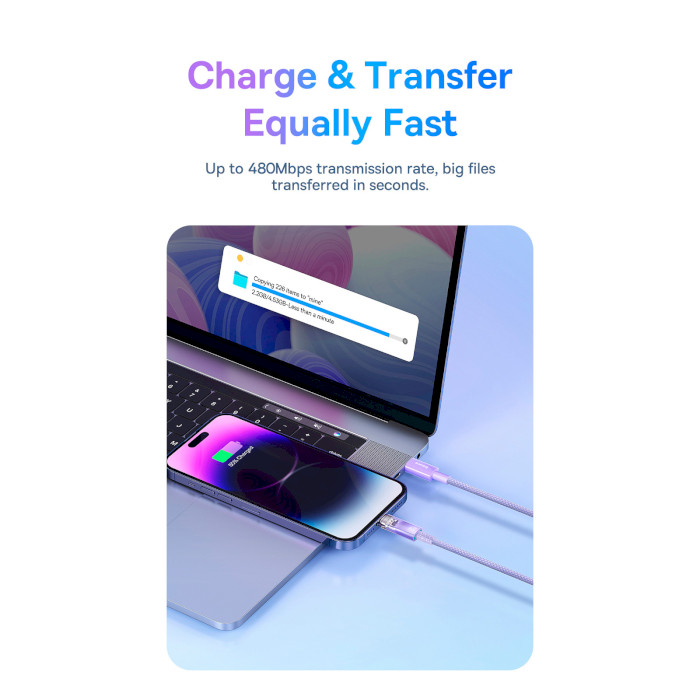 Кабель BASEUS Explorer Series Fast Charging Cable with Smart Temperature Control Type-C to iP 20W 1м Purple (CATS010205)