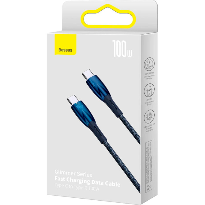 Кабель BASEUS Glimmer Series Fast Charging Data Cable Type-C to Type-C 100W 1м Blue (CADH000703)