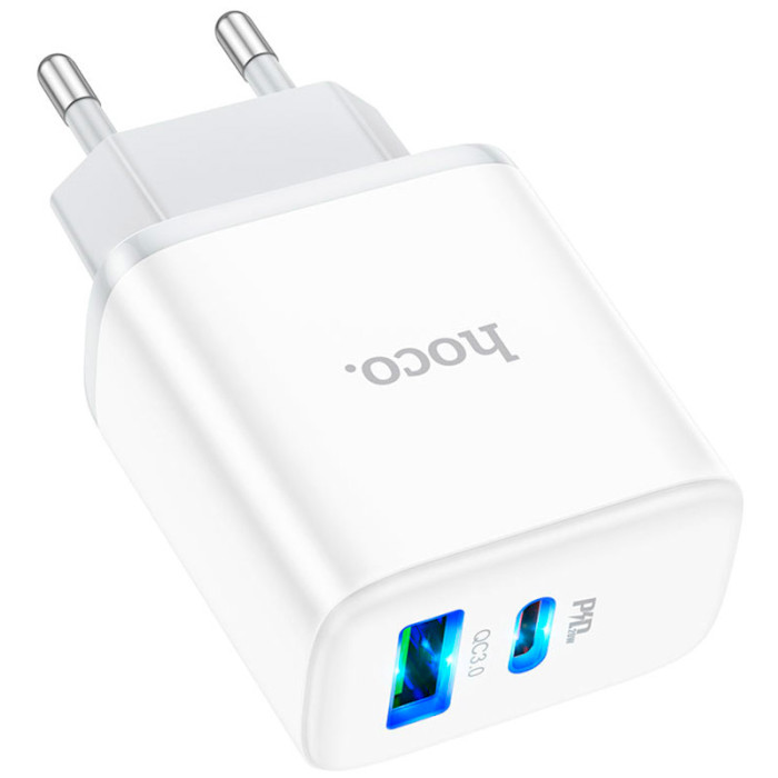 Зарядний пристрій HOCO C105A Stage 1xUSB-A, 1xUSB-C, PD20W, QC3.0 White (6931474782946)