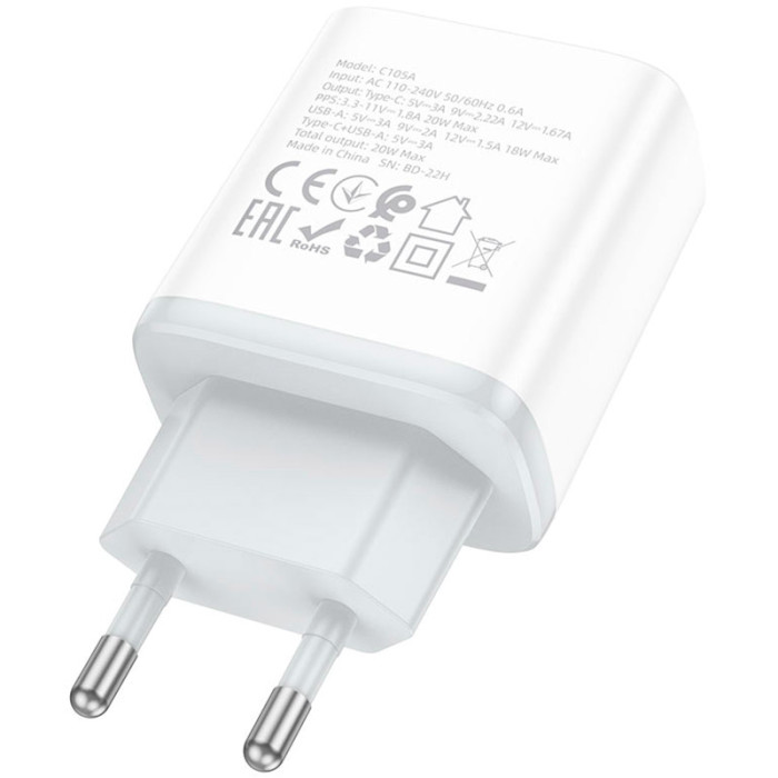 Зарядний пристрій HOCO C105A Stage 1xUSB-A, 1xUSB-C, PD20W, QC3.0 White (6931474782946)