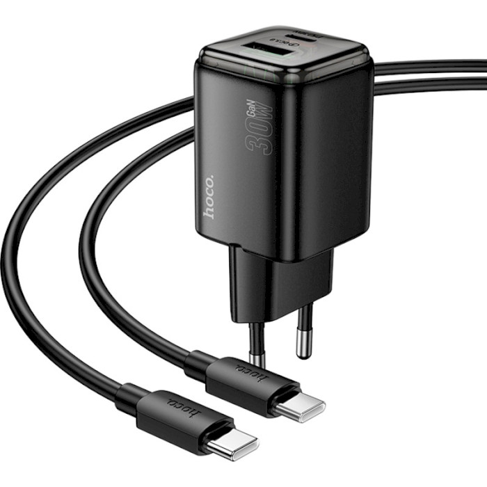 Зарядний пристрій HOCO N53 Monsoon 1xUSB-A, 1xUSB-C, PD30W, QC3.0 Black w/Type-C to Type-C cable (6942007630467)