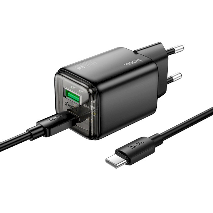 Зарядний пристрій HOCO N53 Monsoon 1xUSB-A, 1xUSB-C, PD30W, QC3.0 Black w/Type-C to Type-C cable (6942007630467)