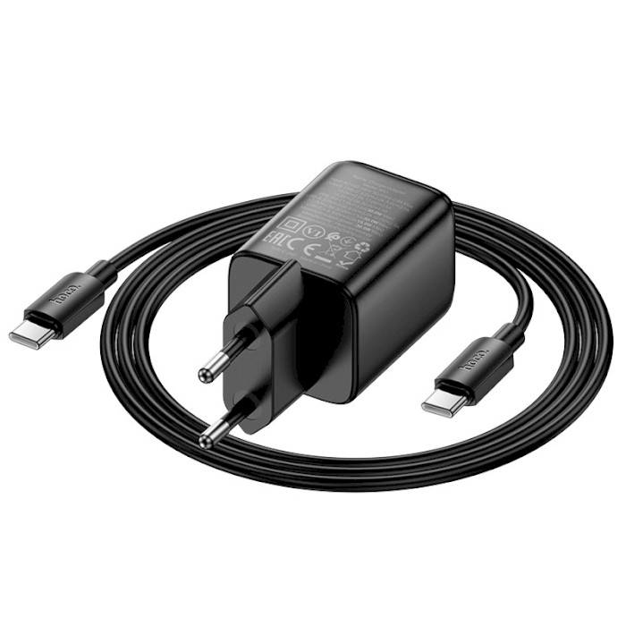 Зарядний пристрій HOCO N53 Monsoon 1xUSB-A, 1xUSB-C, PD30W, QC3.0 Black w/Type-C to Type-C cable (6942007630467)