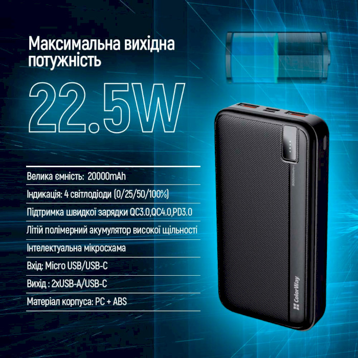 Повербанк COLORWAY High-Power 20000mAh Black (CW-PB200LPA4BK-PD)