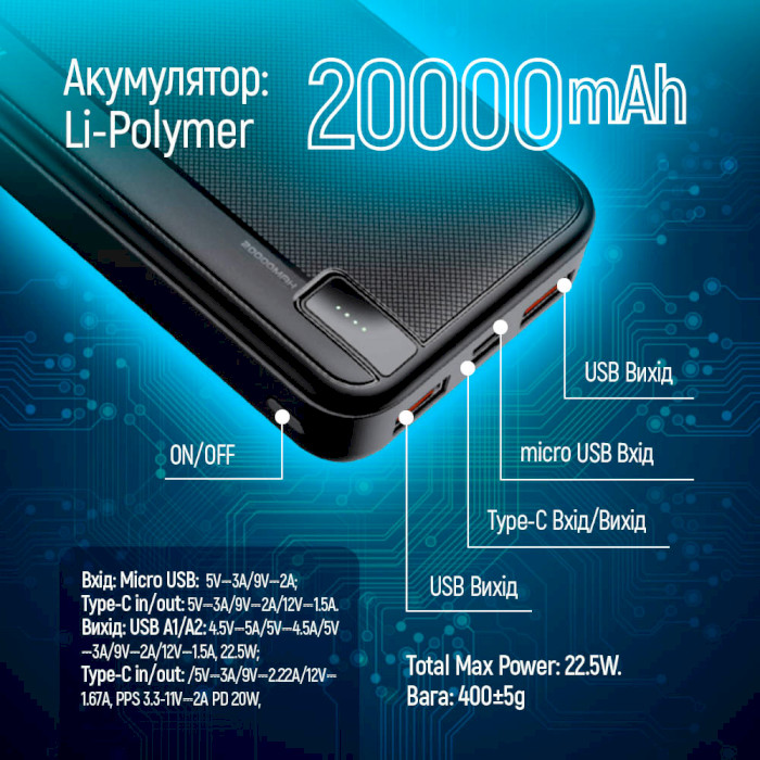 Повербанк COLORWAY High-Power 20000mAh Black (CW-PB200LPA4BK-PD)