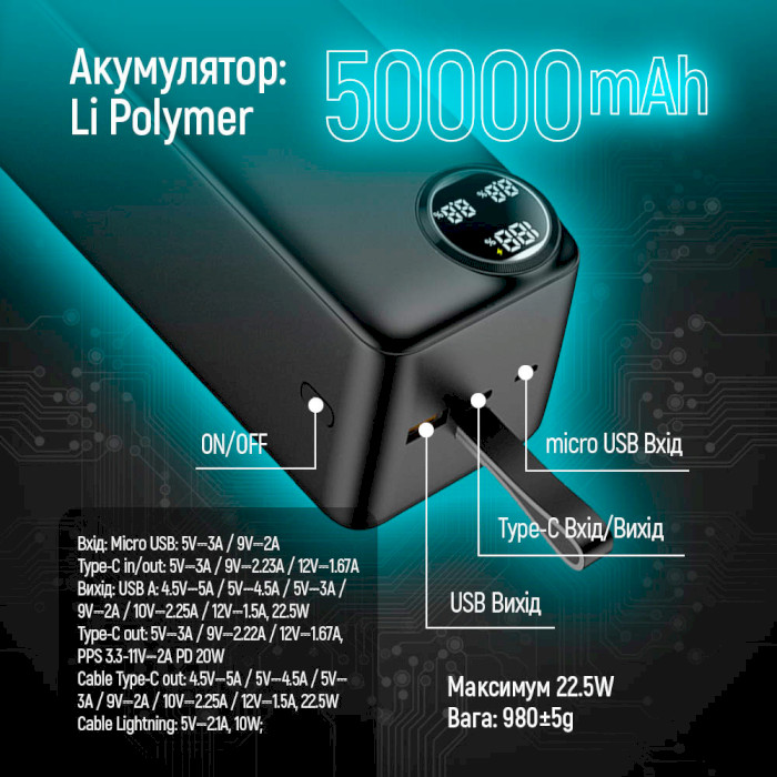 Повербанк COLORWAY LCD 50000mAh Black (CW-PB500LPA4BK-PDD)