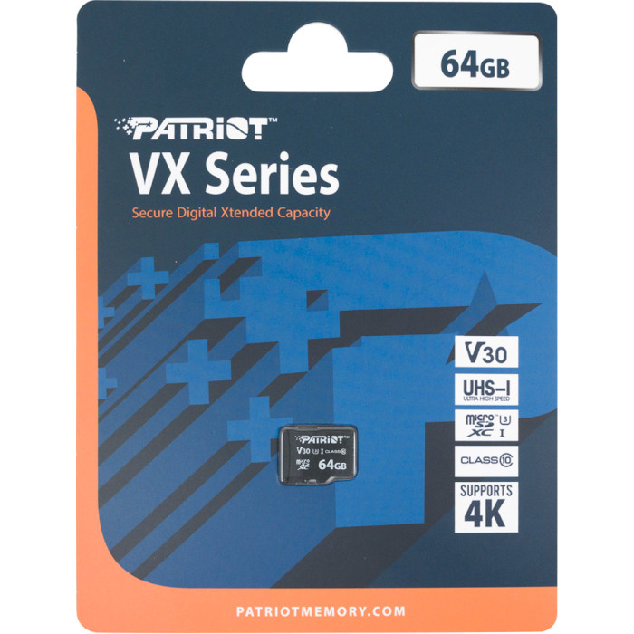 Карта памяти PATRIOT microSDXC VX 64GB UHS-I U3 V30 Class 10 (PSF64GVX31MCX)