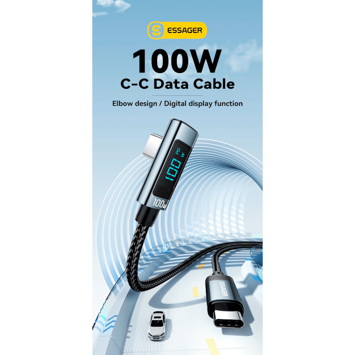 Кабель ESSAGER 100W Elbow Type-C to Type-C Digital Display Data Cable 2м Gray (EXCT1W-HCA0G-P)