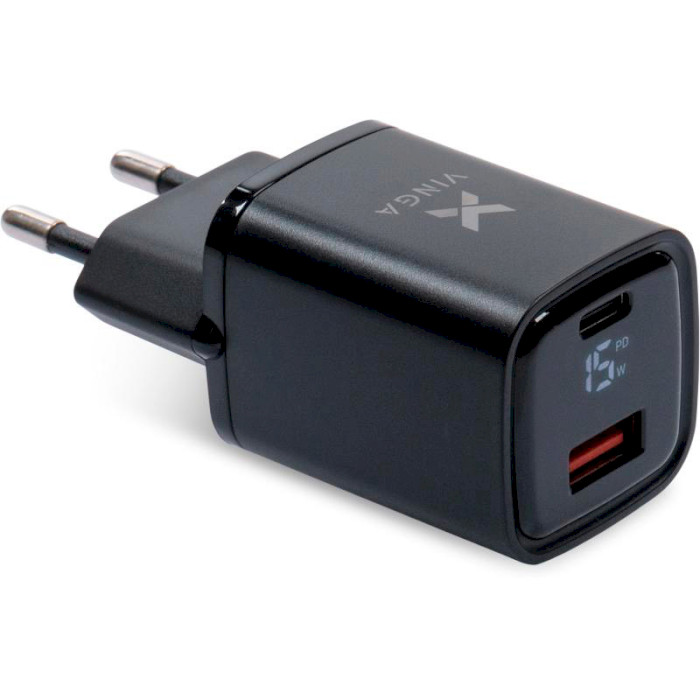 Зарядний пристрій VINGA USB-C PD30W + USB-A QC30W Display 33W Black (VCR30ACDB)