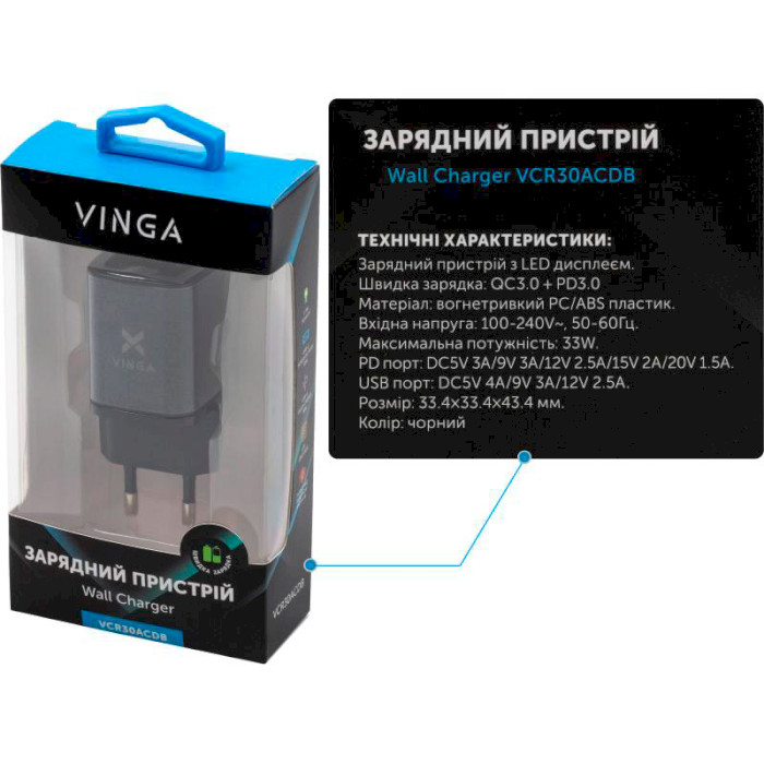 Зарядний пристрій VINGA USB-C PD30W + USB-A QC30W Display 33W Black (VCR30ACDB)