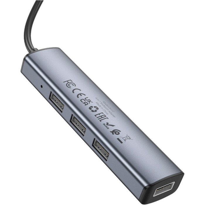 USB-хаб BOROFONE DH12 Smart 4-in-1 USB-A to 4xUSB2.0 Metal Gray