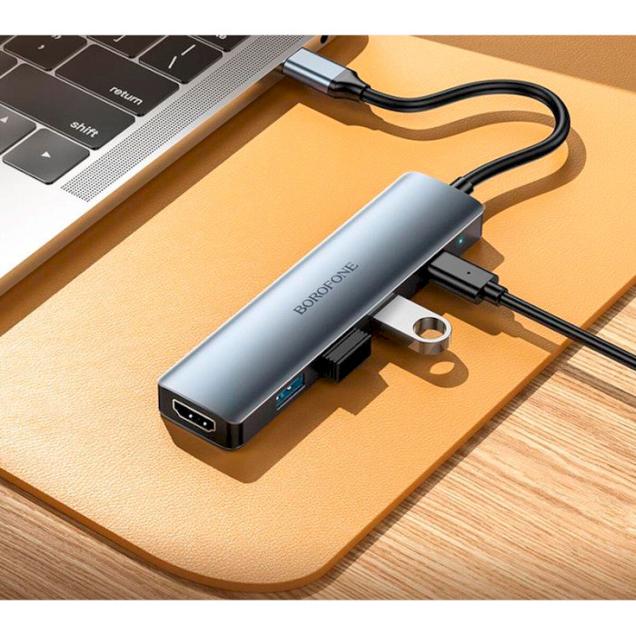 Порт-реплікатор BOROFONE DH14 Buddy 5-in-1 USB-C to 1xHDMI, 1xUSB-C, 1xUSB3.0, 2xUSB2.0, PD Metal Gray