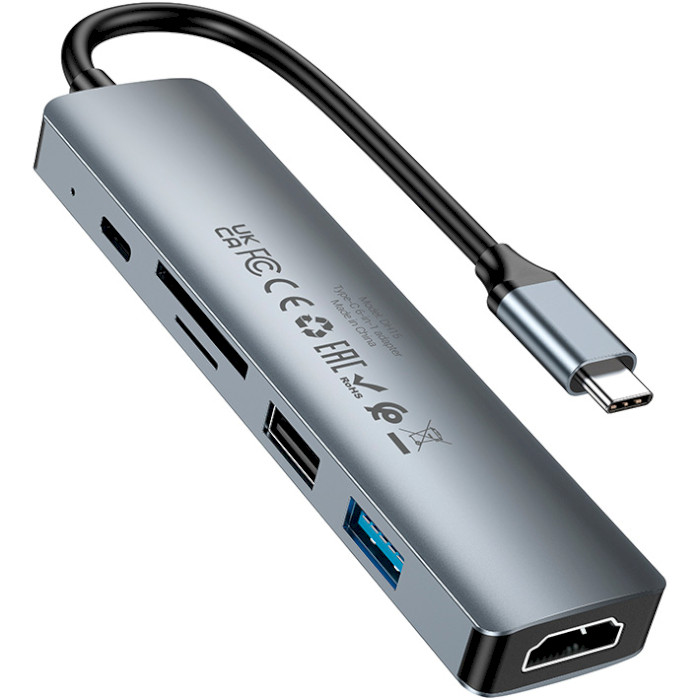 Порт-реплікатор BOROFONE DH15 Buddy 6-in-1 USB-C to 1xHDMI, 1xUSB-C, 1xUSB3.0, 1xUSB2.0, TF, SD, PD Metal Gray