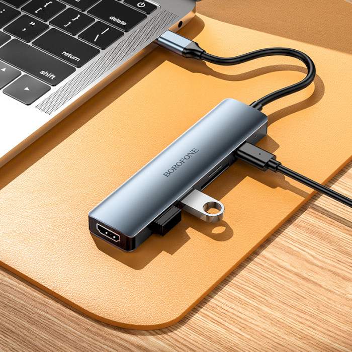 Порт-реплікатор BOROFONE DH15 Buddy 6-in-1 USB-C to 1xHDMI, 1xUSB-C, 1xUSB3.0, 1xUSB2.0, TF, SD, PD Metal Gray