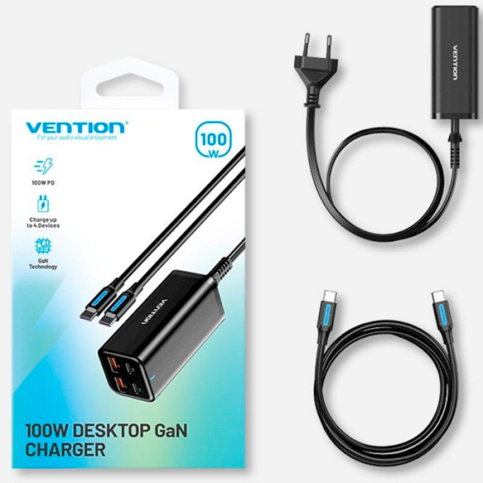 Зарядний пристрій VENTION Four-Port 2xUSB-C, 2xUSB-A PD3.0, QC3.0 100W GaN Charger Black w/Type-C to Type-C cable (FBSBG-EU)