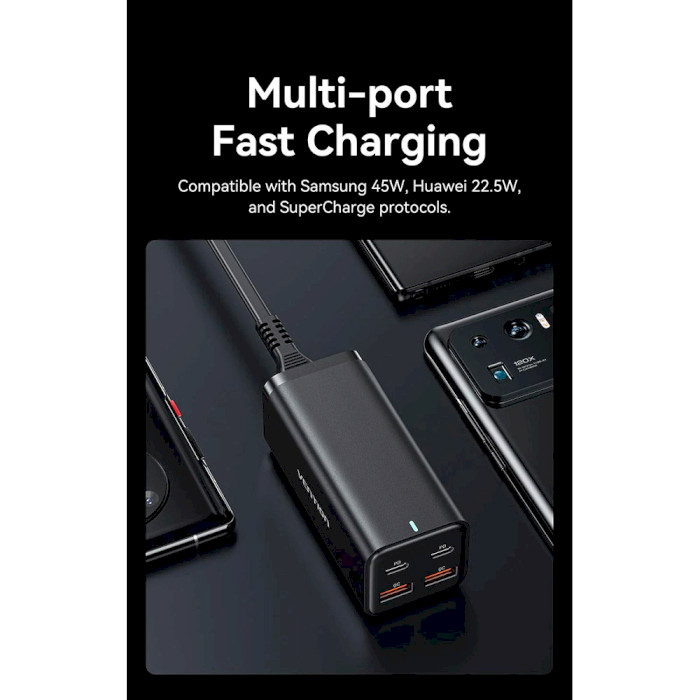 Зарядний пристрій VENTION Four-Port 2xUSB-C, 2xUSB-A PD3.0, QC3.0 100W GaN Charger Black w/Type-C to Type-C cable (FBSBG-EU)