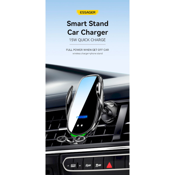 Автотримач з бездротовою зарядкою ESSAGER 15W Smart Car Wireless Charger Stand Black