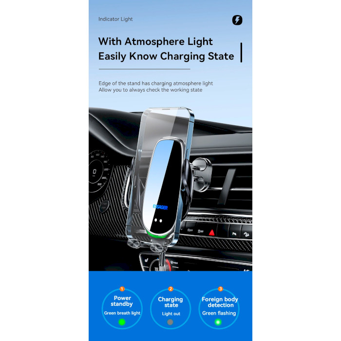 Автотримач з бездротовою зарядкою ESSAGER 15W Smart Car Wireless Charger Stand Black