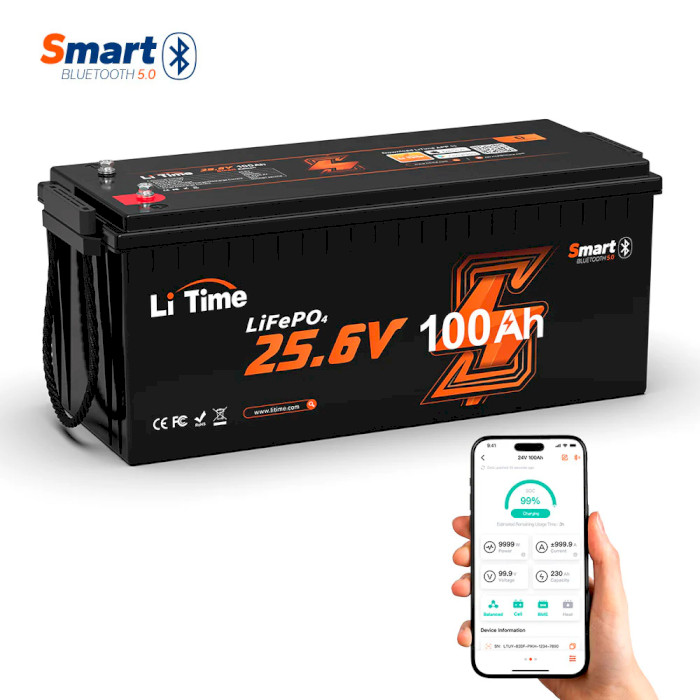 Акумуляторна батарея LITIME LiFePO4 24V 100Ah for Marine Trolling Motor, RV w/Bluetooth (25.6В, 100Агод, 4P2S/BMS 100A)