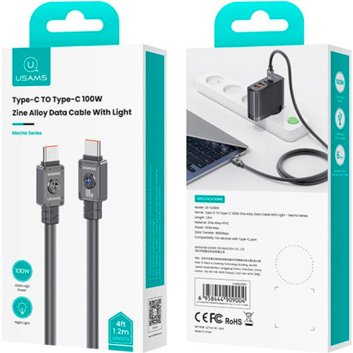 Кабель USAMS US-SJ684 Mecha Type-C to Type-C 100W Zine Alloy Fast Charging & Data Cable with Light 1.2м Black (SJ684USB01)