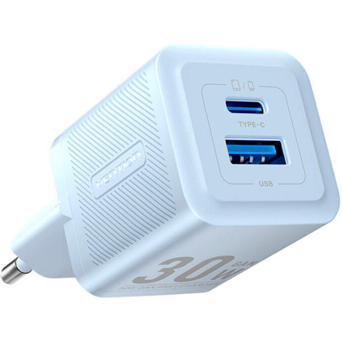 Зарядний пристрій VENTION Two-Port USB-A, USB-C, PD3.0, QC3.0, 30W GaN Charger Blue (FEQL0-EU)