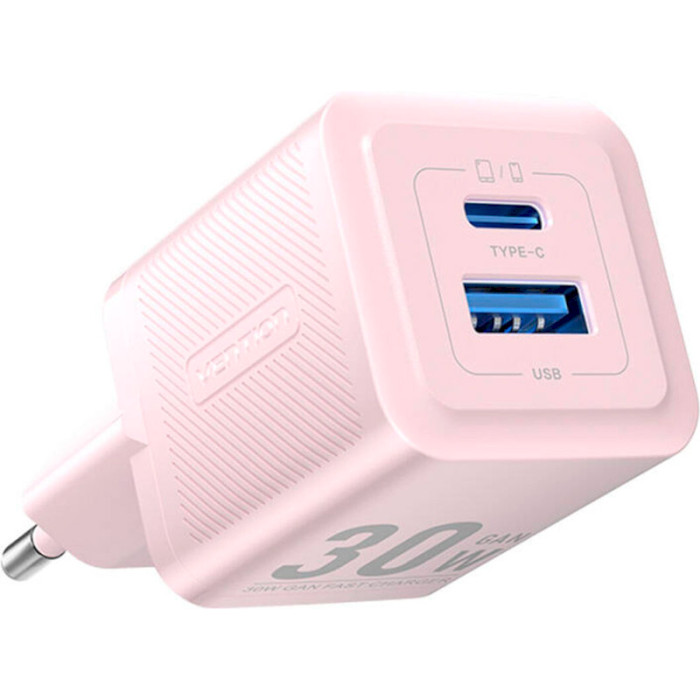 Зарядний пристрій VENTION Two-Port USB-A, USB-C, PD3.0, QC3.0, 30W GaN Charger Pink (FEQP0-EU)