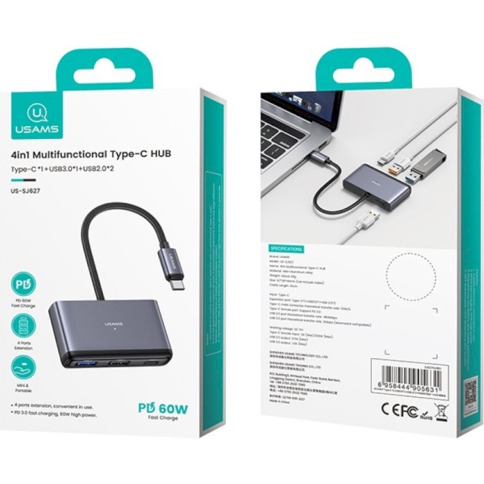 USB-хаб USAMS US-SJ627 1xUSB3.0, 2xUSB2.0, 1xUSB-C PD60W