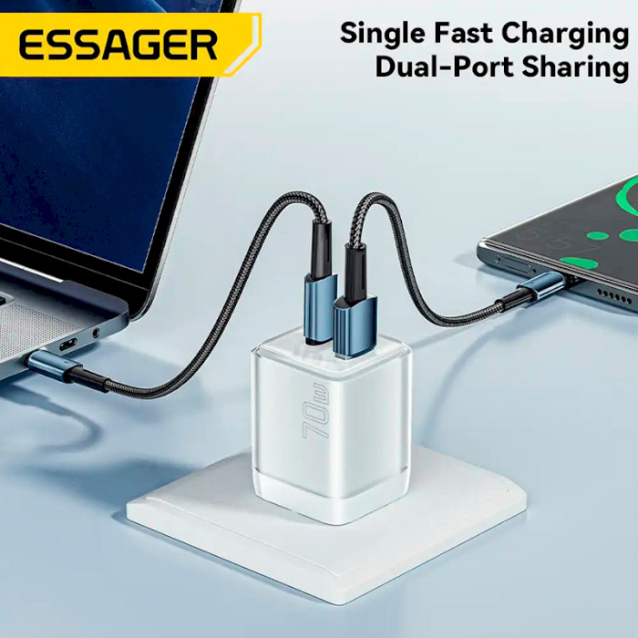 Зарядний пристрій ESSAGER ES-CD42 70W 1xUSB-A, 1xUSB-C GaN Travel Charger White (EZCT70-YQB02-Z)