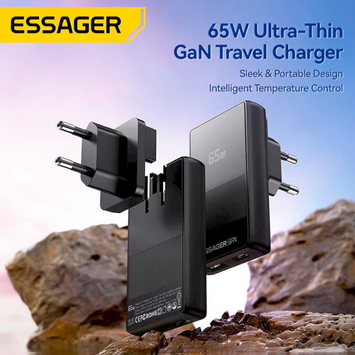 Зарядний пристрій ESSAGER Ultra Thin 65W 1xUSB-A, 1xUSB-C GaN Travel Charger Black (ECT65W-QCB01-Z)