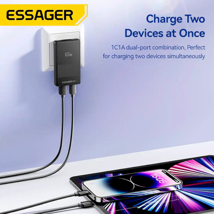 Зарядний пристрій ESSAGER Ultra Thin 65W 1xUSB-A, 1xUSB-C GaN Travel Charger Black (ECT65W-QCB01-Z)