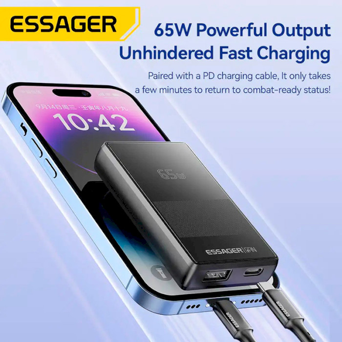 Зарядний пристрій ESSAGER Ultra Thin 65W 1xUSB-A, 1xUSB-C GaN Travel Charger Black (ECT65W-QCB01-Z)