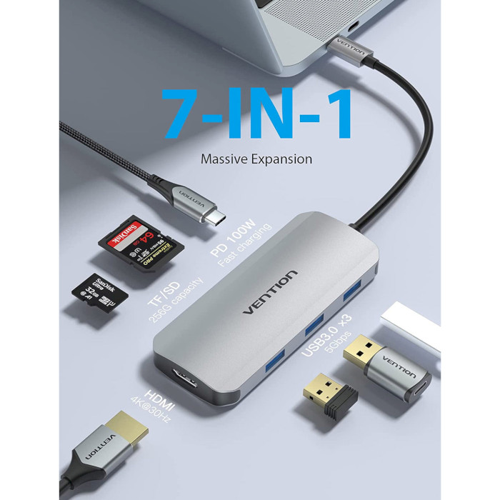 Порт-репликатор VENTION 7-in-1 USB-C to HDMI, 3xUSB3.0, SD/TF, PD100W (TOJHB)