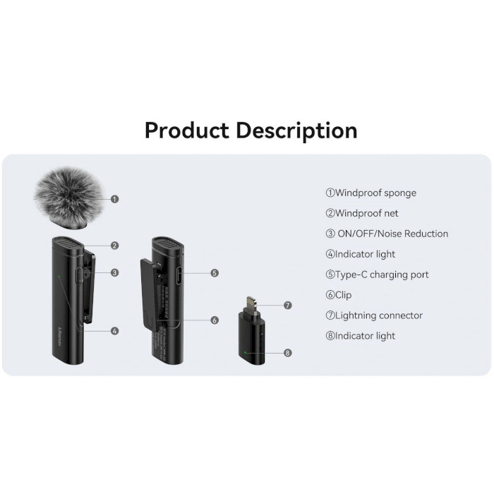 Мікрофон-петличка бездротовий ULANZI WM-10 Wireless Clip-on Microphone Lightning (UV-3319)