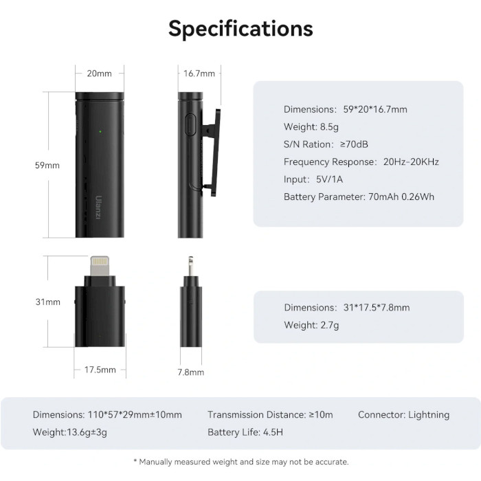 Мікрофон-петличка бездротовий ULANZI WM-10 Wireless Clip-on Microphone Lightning (UV-3319)