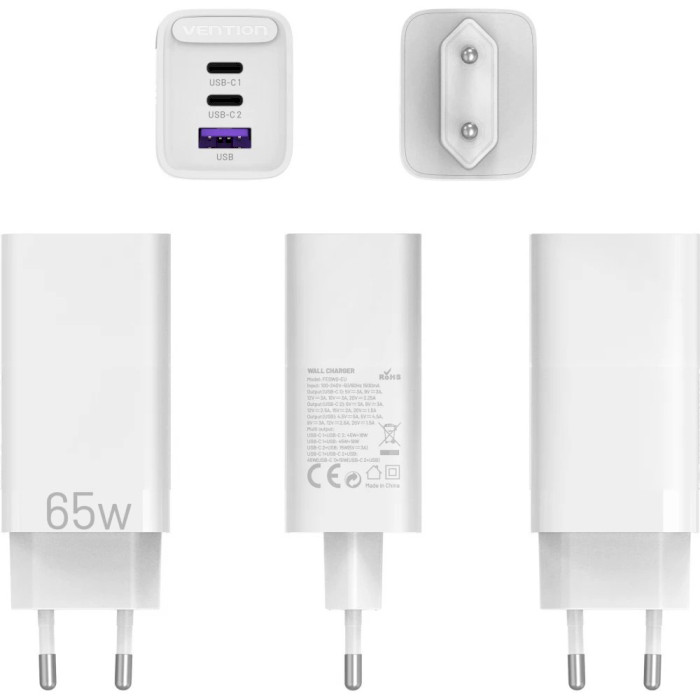 Зарядний пристрій VENTION Three-Port 2xUSB-C, 1xUSB-A PD3.0, QC4.0 65W GaN Charger White (FEDW0-EU)